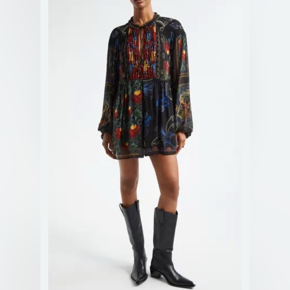 Farm Rio Mixed Arabesque Scarves Print Long Sleeve Minidress